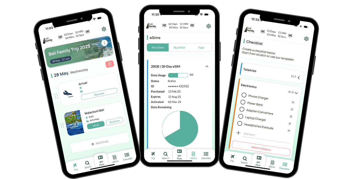 Bali Family eSIM and travel planning app screens